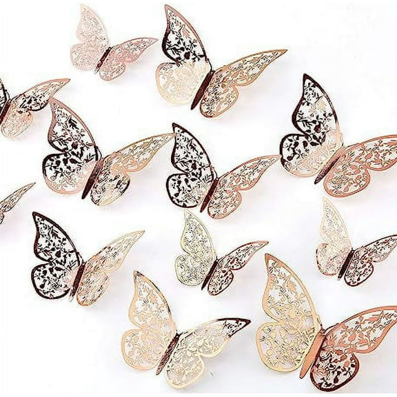 Hebalg 24pcs 3D Butterfly Wall Stickers 3 Sizes Butterfly Wall Decals Room Wall Decoration for Bedroom Party Wedding Decors(Rose Gold)