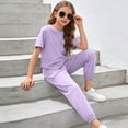 thumbnail image 5 of WELOIJEVBE Girls Summer Outfits Sets Athletic Cap Sleeve T-Shirt Top and Pants for Child Girls Size Girls Clothes 6-7 Years, 5 of 6