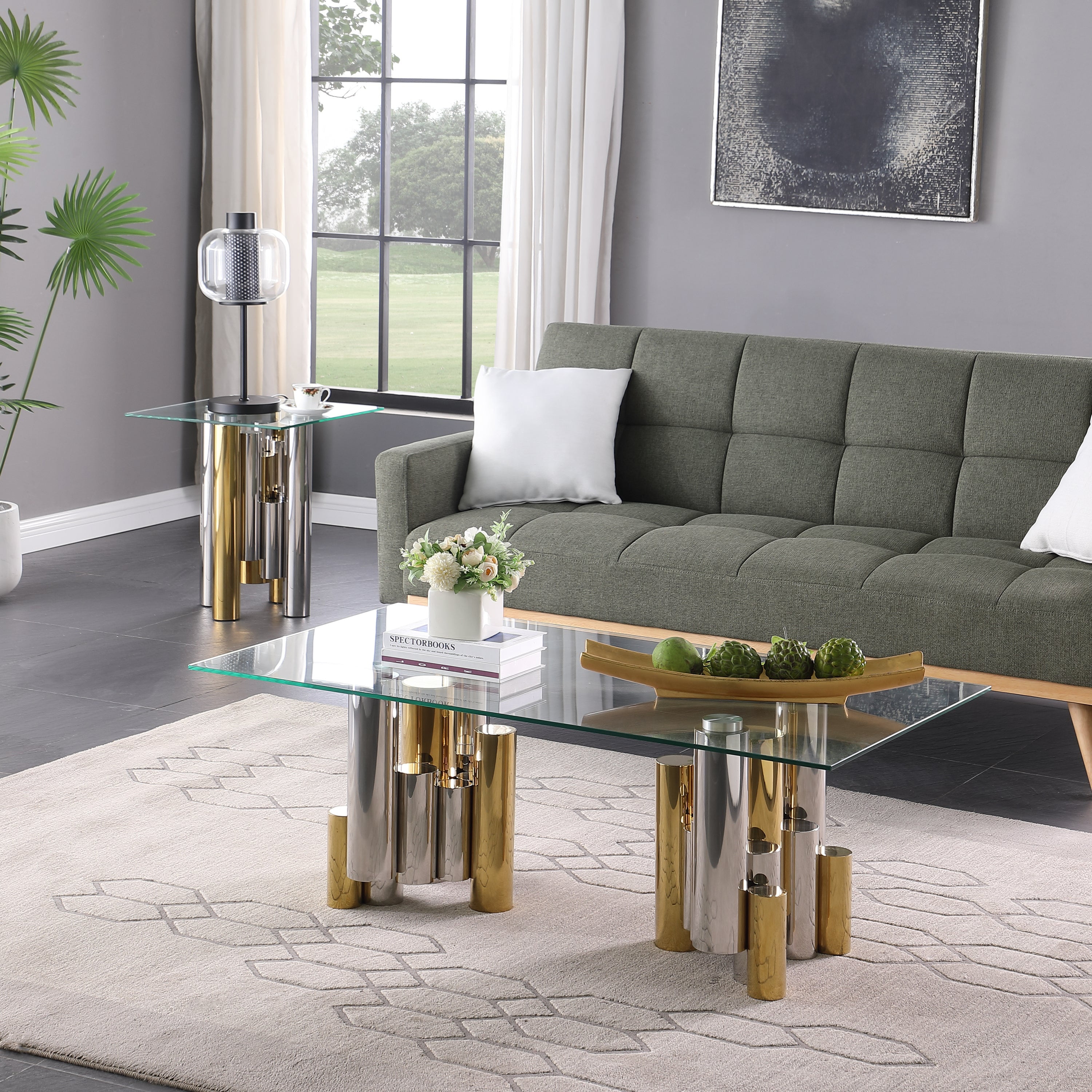 Stainless Steel Rectangular Accent Glass Coffee Table for Living Room