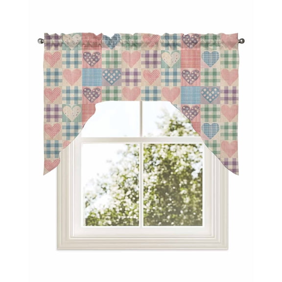 Pink Blue Plaid Kitchen Curtains Swag Valance for Windows/Bathroom/Cafe, Vintage Colorful Checkered Love Heart Rod Pocket Drape Panel Swag Curtains Valance for Bedroom/Living Room 56"x36"