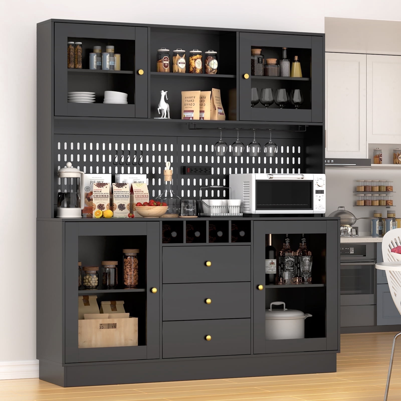 RichYa Kitchen Pantry 63" Spacious Countertop Hutch Cabinet with 3 Drawers Wine Bottle Rack Cup Holder & Power Strip Black