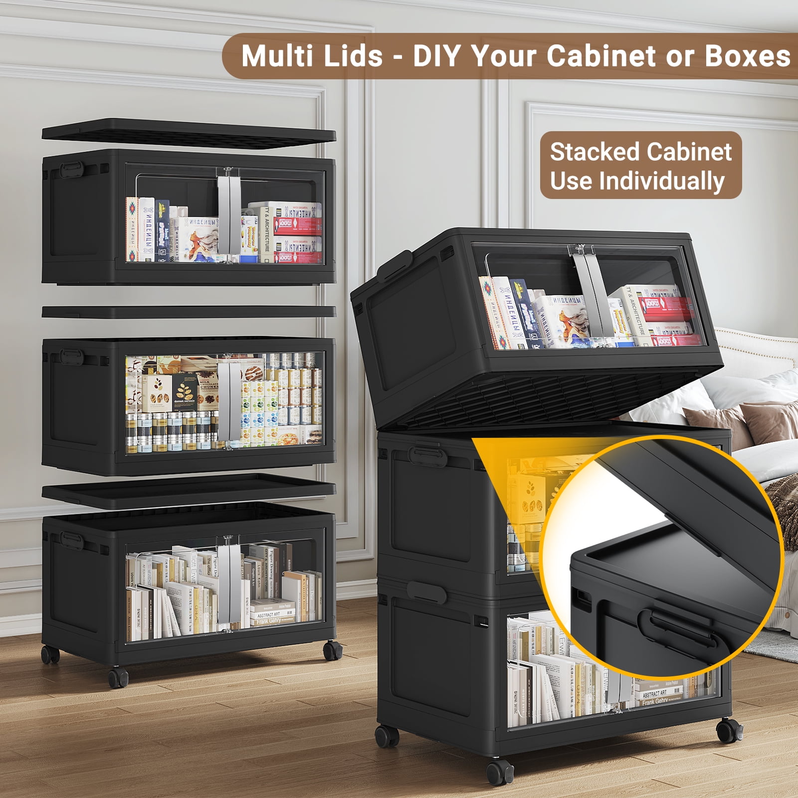 Broview 240Gal Extra Large Stackable Storage Bins, 960Qt Collapsible Plastic Storage Box with Clear Doors, Foldable Containers With Drawers, Magnetic Closure, 360° Swivel Wheels, Black, 6Pack V70