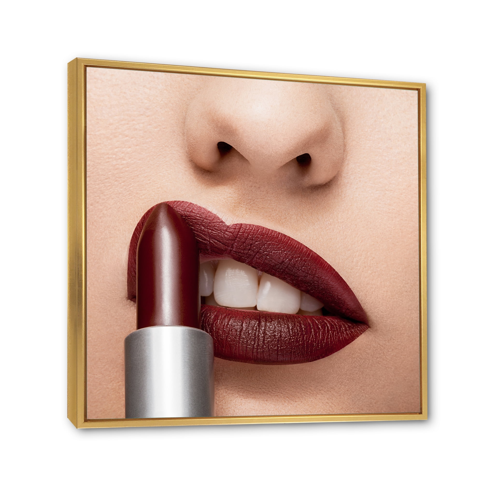 Designart 'Red Lipstick Getting Applyed On Woman Lips' Modern Framed Canvas Wall Art Print