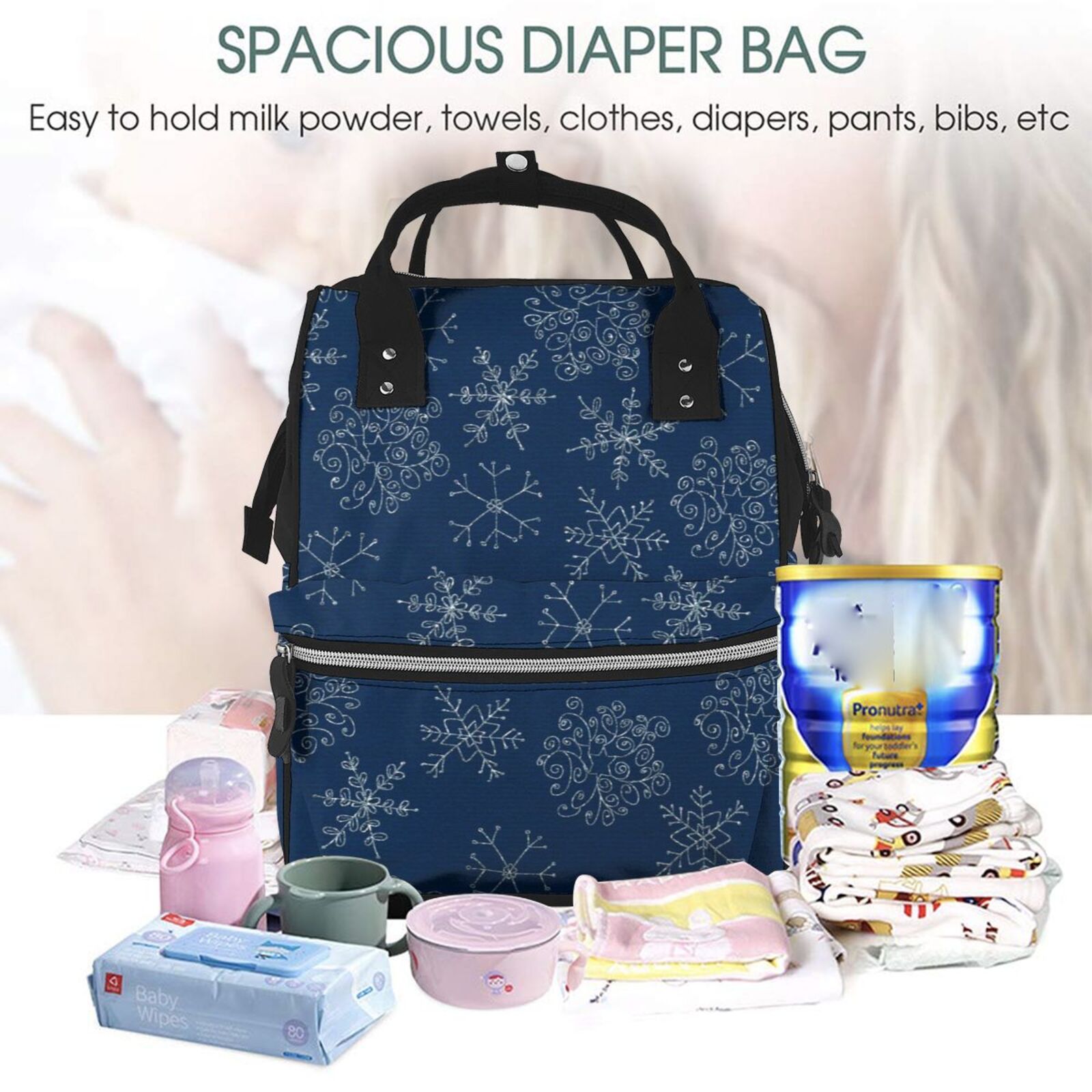 Ratiio Snowflake Dark Blue Mummy Backpack - Waterproof Twill Canvas, Large Capacity Diaper Bag with Multiple Pockets and Adjustable Straps