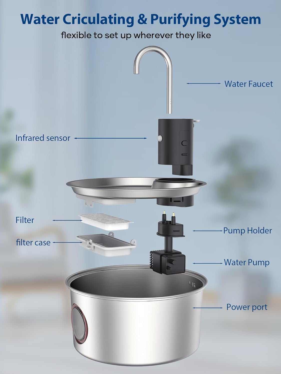 AGEETXT Wireless Cat Water Fountain with Motion Sensor, 108oz/3.2L Stainless Steel Automatic Pet Dispenser for Cats and Small Dogs, Rechargeable & Quiet