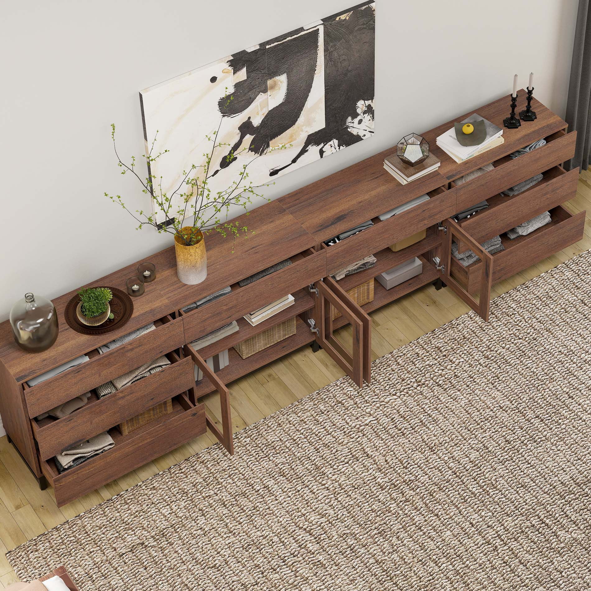Modern 4-in-1 Sideboard Buffet Cabinet, Storage Credenza with 8 Drawers, Adjustable Shelf and Tempered Glass Doors, Metal Base Coffee Bar Cabinet for Home Decor,Brown