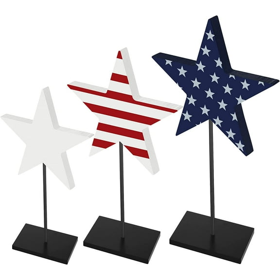 3 Pieces 4th of July Decoration Patriotic Decorations Wood Star Decoration Independence Day Blocks Vintage Memorial Day Tiered Tray Decor Star Freestanding Table Signs for Home Room (Flag Style)