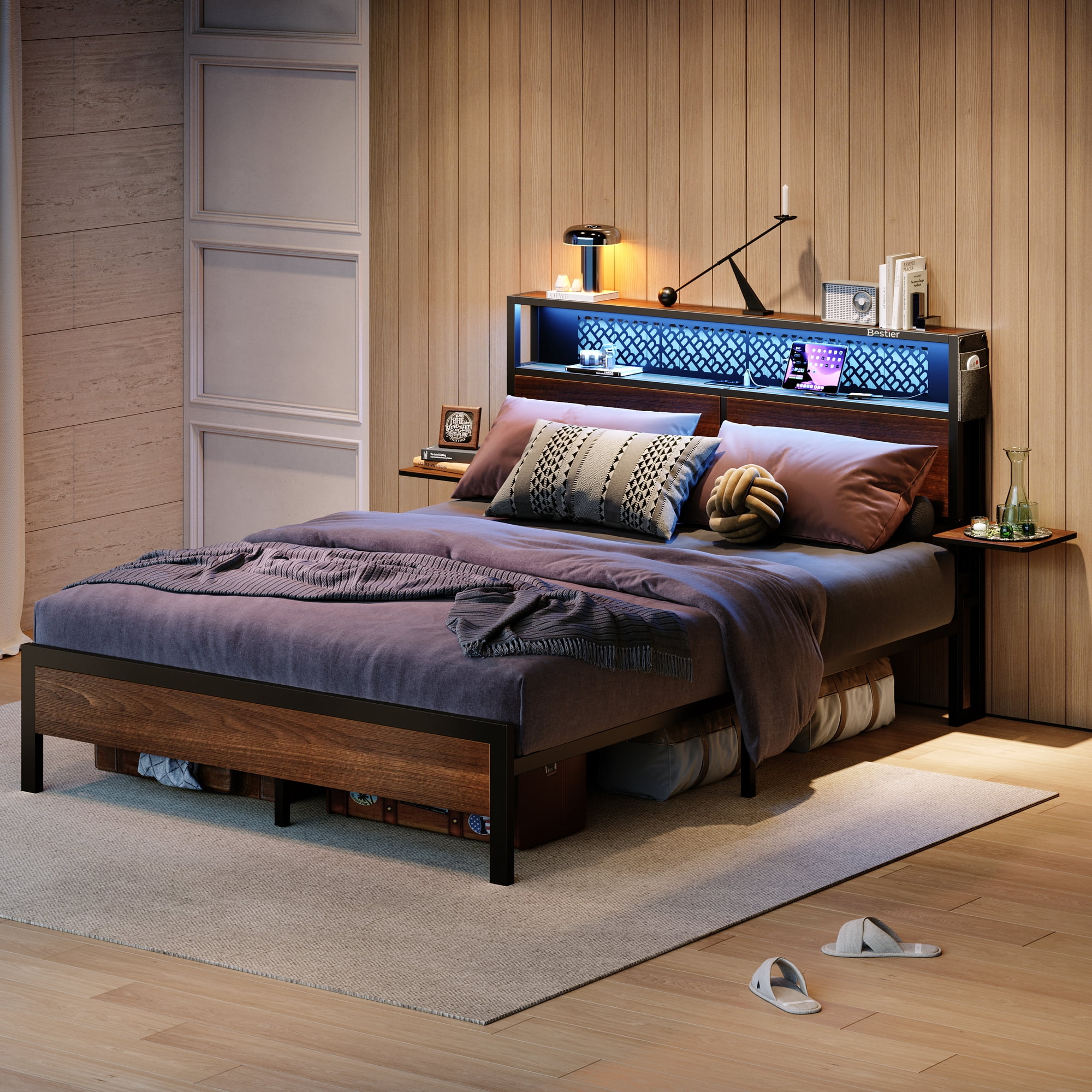 Bestier Queen Size Wood Platform Bed Frame with Foldable Bedside Shelves and LED Storage Headboard Charge Station, Walnut