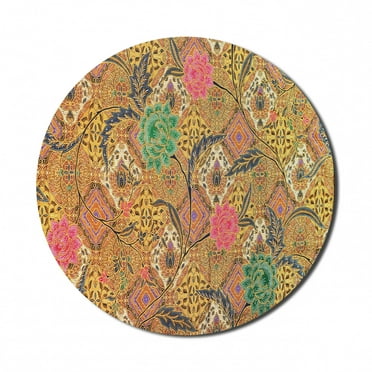 East Mouse Pad for Computers, Traditional Malaysian and Javanese Design Rich Retro Revival Pattern with Flowers, Round Non-Slip Thick Rubber Modern Gaming Mousepad, 8" Round, Multicolor, by Ambesonne