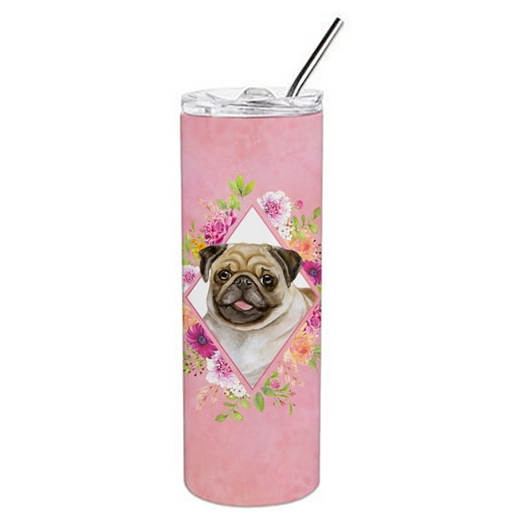 Fawn Pug Pink Flowers Double Walled Stainless Steel 20 oz Skinny Tumbler