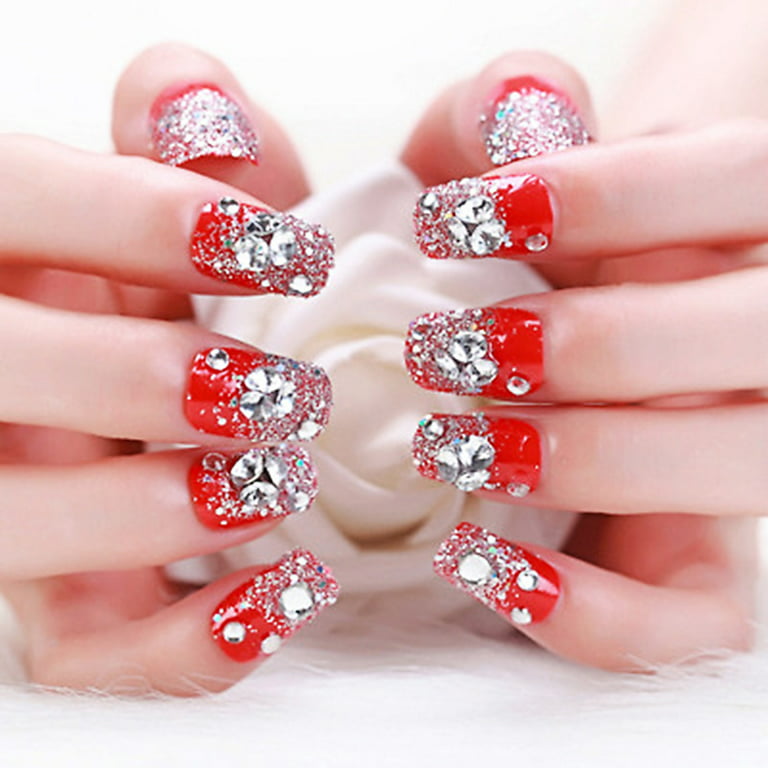 Red French Nail Art With Rhinestones Stock Photo - Download Image