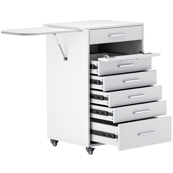 Vakiorn Solid Wood Rolling Storage Cart 5 Drawer Mobile Pedestal with Side Shelf for Home Office Cloud White