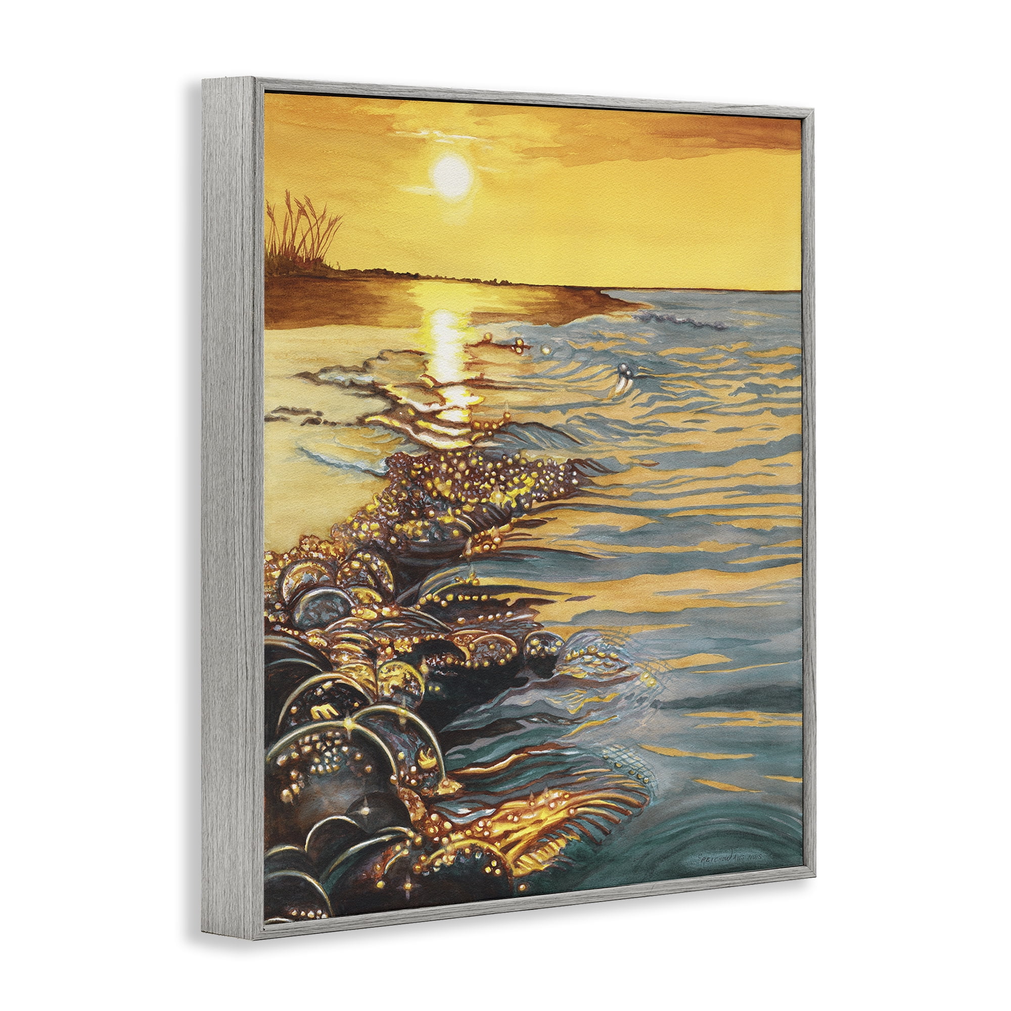 Stupell Industries Saltwater Beach Sunset Landscape Painting Gray Framed Art Print Wall Art, 11 x 14