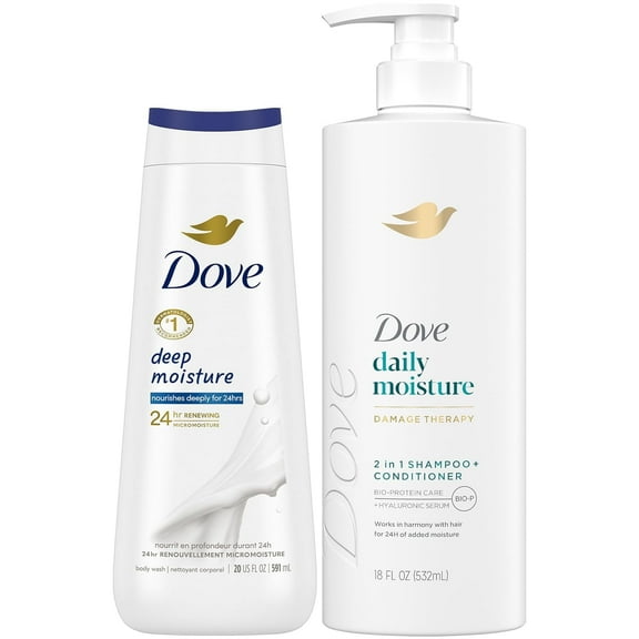 Dove 2-in-1 Shampoo & Conditioner, Daily Moisture Deep Moisture Body Wash – Deep Hydration for Revitalizing Dry Hair and Skin (2 Piece Set)