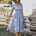 thumbnail image 2 of SnnmBlm Women's Summer Ruffle Puff Sleeve Dress Short Sleeve V Neck High Waist Casual Loose Striped Midi Dresses Royal Blue L, 2 of 6