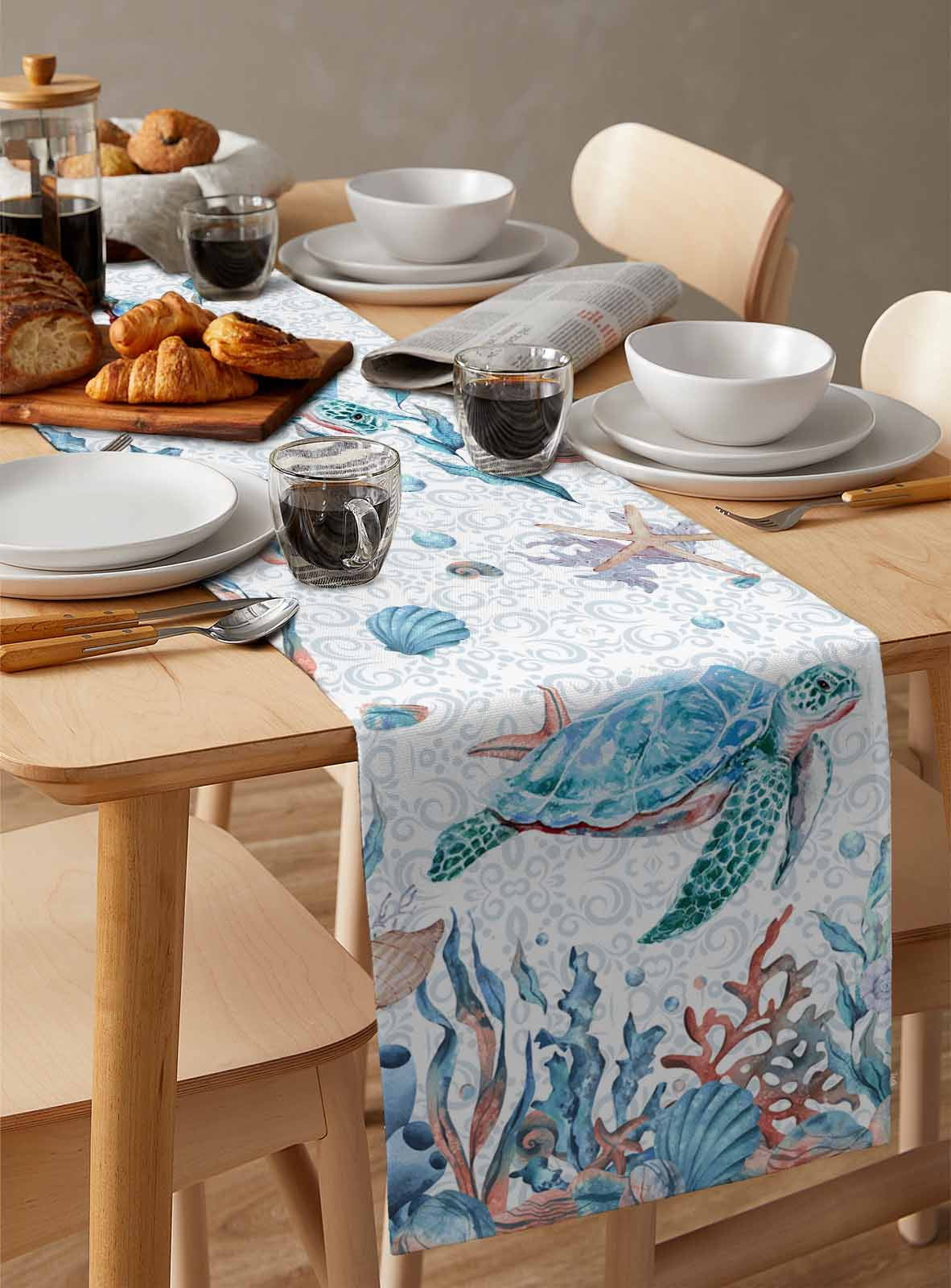 Table Runner Dresser Scarf 13 x 36 Inch Summer Turtle Seashell Coral Starfish Seaweed Colorful Ocean Table Runners Non-Slip Heat Kitchen Dining Table Decor for Indoor Outdoor Home Party Decoration