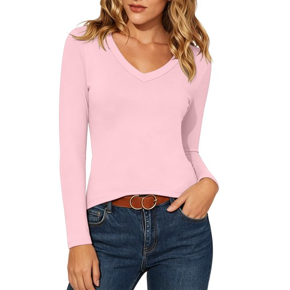 JOANKDMI Long Sleeve T-Shirts for Women Deep V Neck Basic Tees Casual Slim Fit Tops Flattering Stretch Undershirts for Everyday Wear Office and Fall Layering Blouses