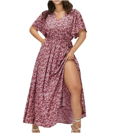 

Plus Size Maxi Dress for Women Slit V Neck Hide Tummy Flowy Wedding Guest Dresses Casual Loose Bohemian Floral Dress