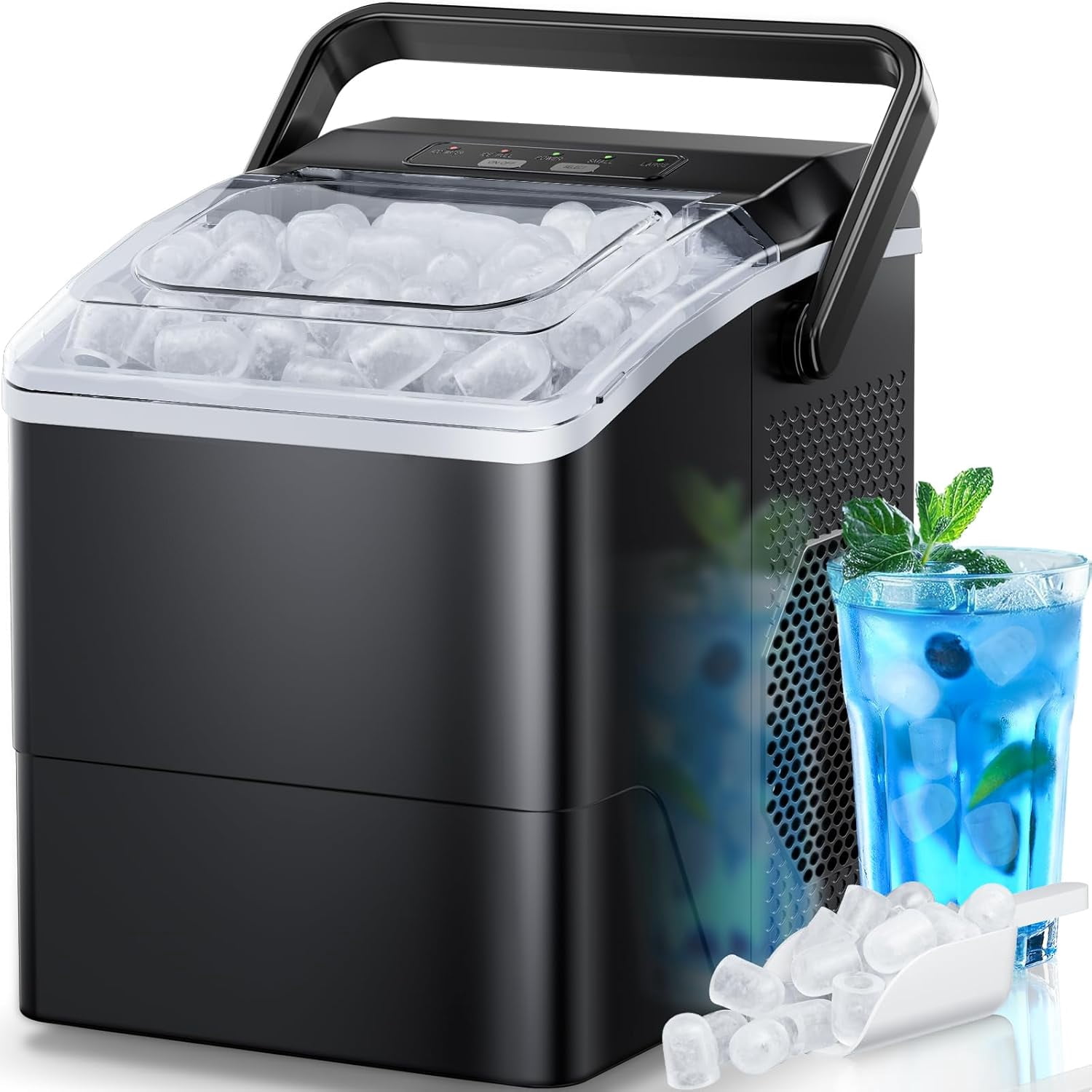 Ice Maker Countertop, 9 Cubes Ready in 6 Mins, 26 lbs per Day, Ice Machine with 2 Ice Sizes and Self-Cleaning, Portable Ice Maker with Handle for Home, Kitchen, Camping, RV, Office, Black
