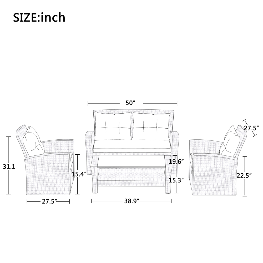 6-Piece Outdoor Sectional Sofa Set, Wicker Conversation Sets with Arm Chairs, Tempered Glass Table, Ottomans, Cushions, All-Weather Rattan Patio Furniture Sets for Backyard, Garden, Poolside, K2999 - image 4 of 10