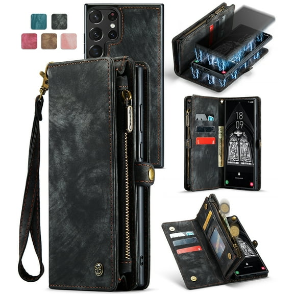 Allytech Magnetic Detachable Wallet Case for Samsung Galaxy S24 Ultra with Card Slots & Zipper Pocket, Support Wireless Charging, PU Leather Wrist Strap Shockproof Full Protection Flip Case, Black