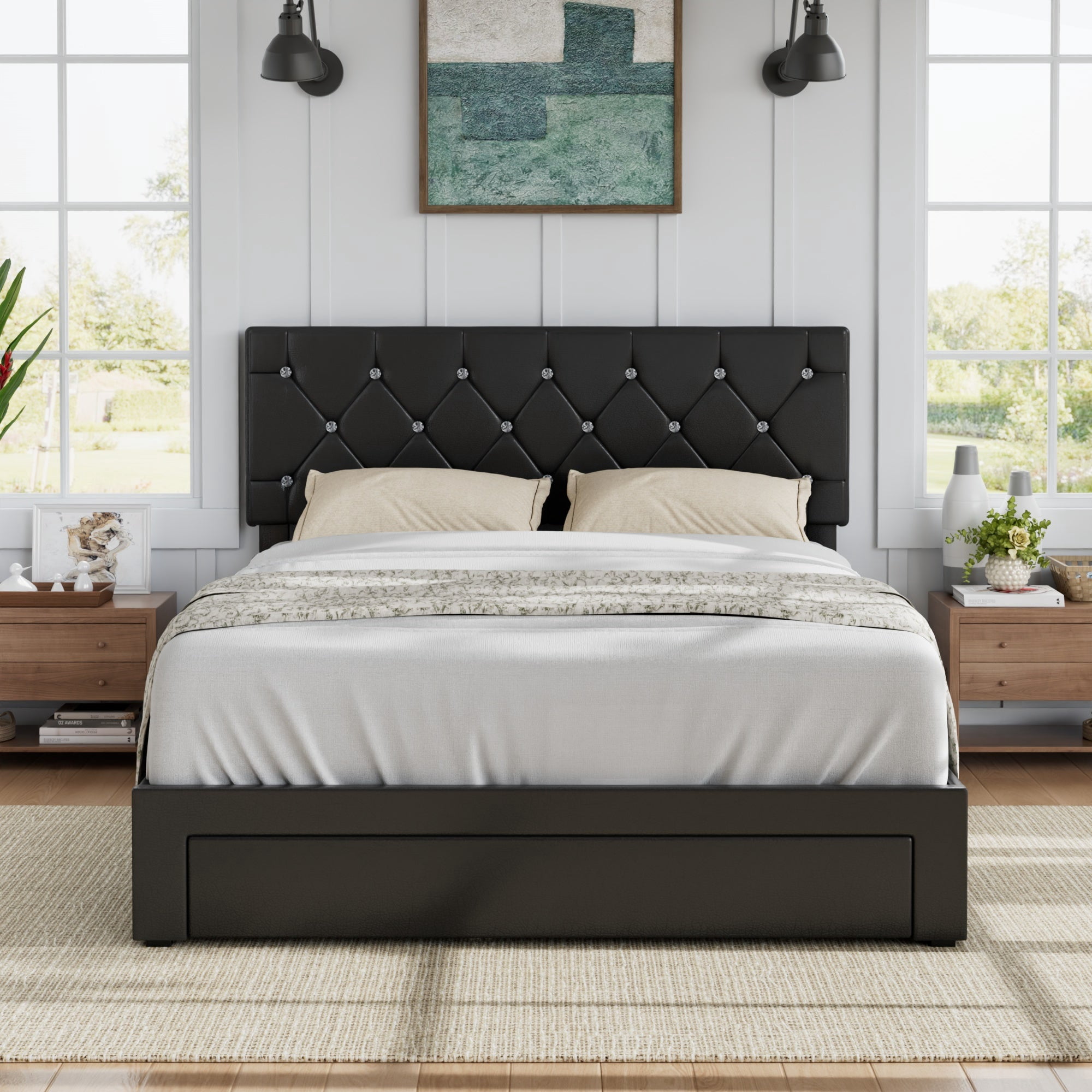 VECELO Full Size Upholstered Bed Frame with 3 Drawers & Adjustable Headboard, Under Bed Storage, Black