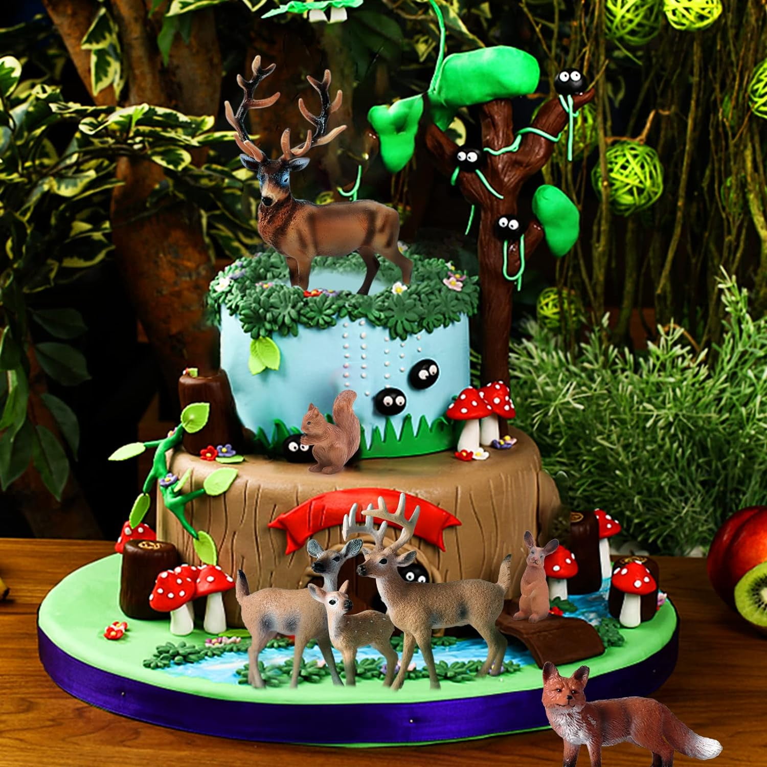 7Pcs Forest Animals Figures Toys, Miniature Woodland Figurines with Deer Family, Elk, Fox, Rabbit, Squirrel for Kids Christmas Birthday Party Gift Cake Decorations Educational Project Diorama