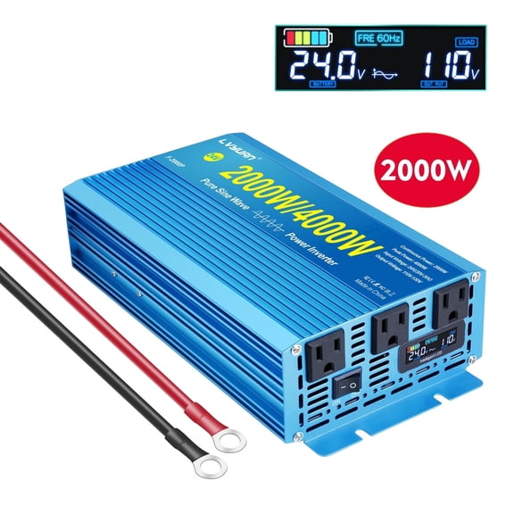 EFFORTWAY 2000W 4000W Peak Pure Sine Wave Power Inverter DC 24V to AC 110V Converter with LCD Display for Camping, Home Backup, RV, Trucks