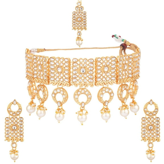 Efulgenz Indian Jewelry Choker Kundan Faux Pearl Necklace Earrings Maang Tikka Head Chain Bollywood Wedding Bridal Jewelry Set, White