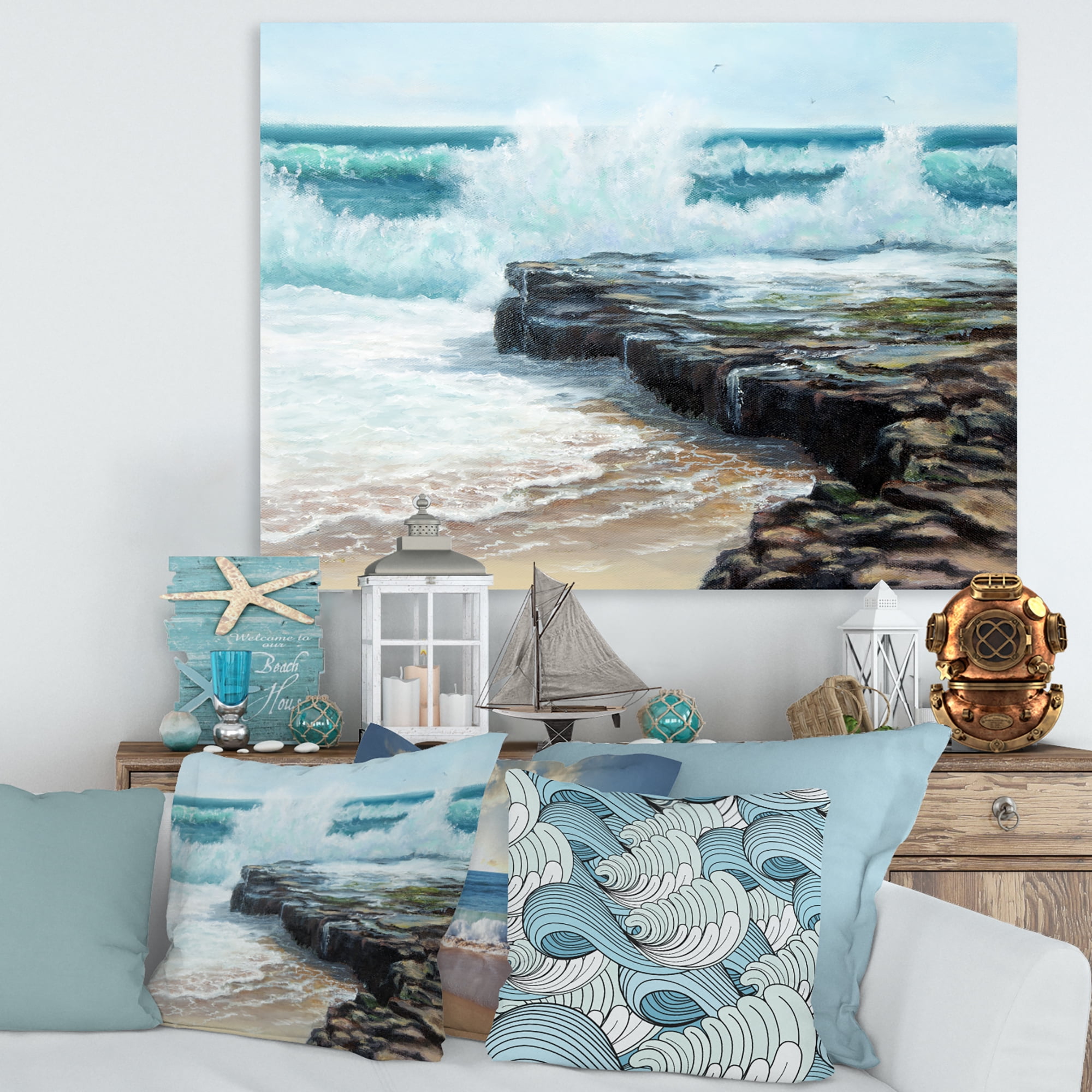 Designart ' Wild Ocean Waves Breaking On The Shore ' Nautical & Coastal Canvas Wall Art Print