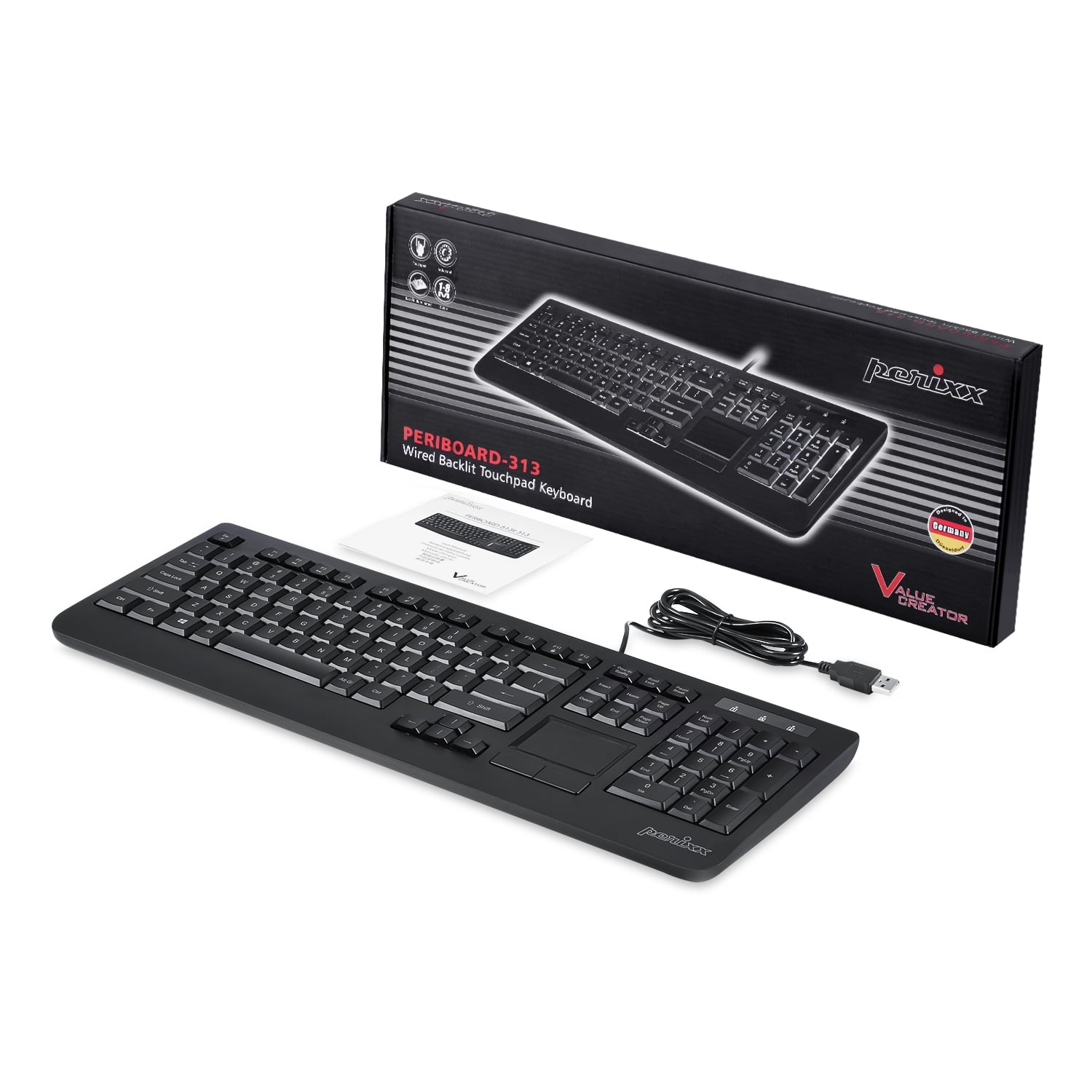 Perixx Periboard-313 Wired USB Backlit Computer Keyboard With Touchpad, Full Size, 3 Level Backlight, Black
