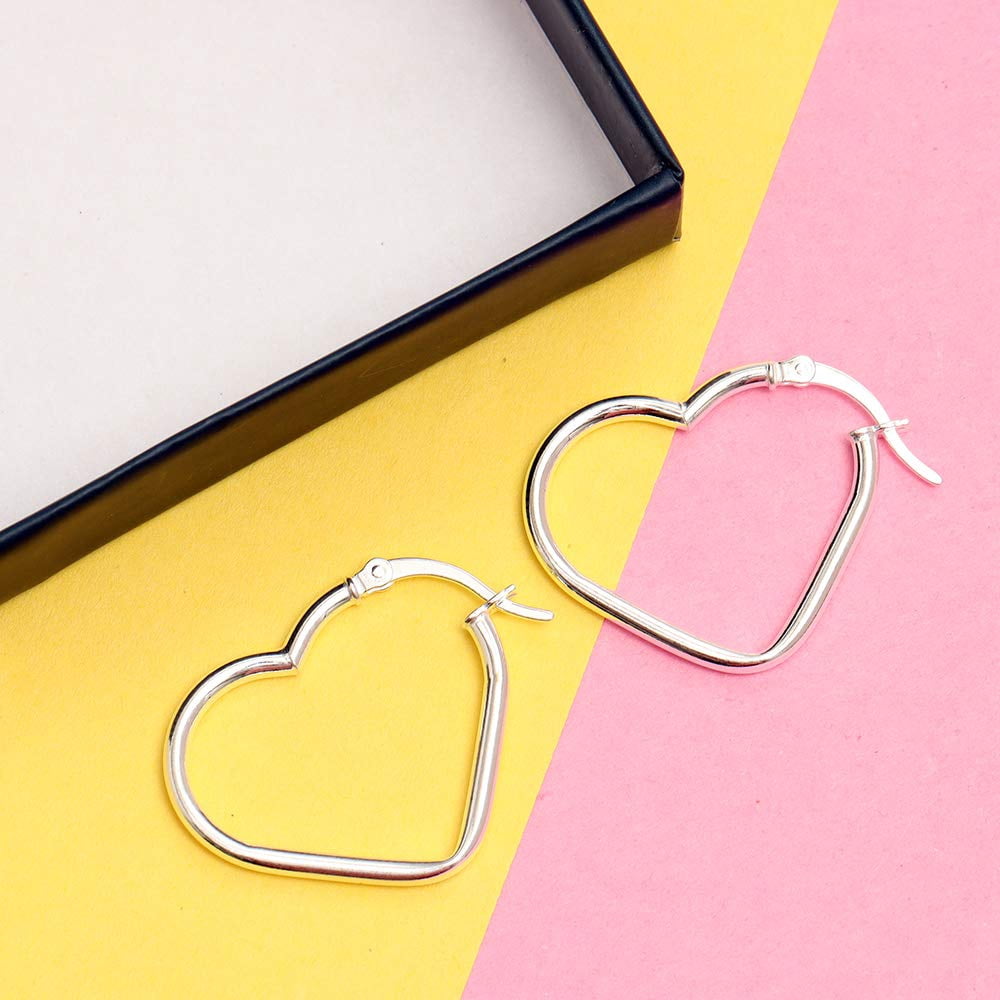LeCalla Sterling Silver Hypoallergenic Heart Hoop Earrings, 23MM