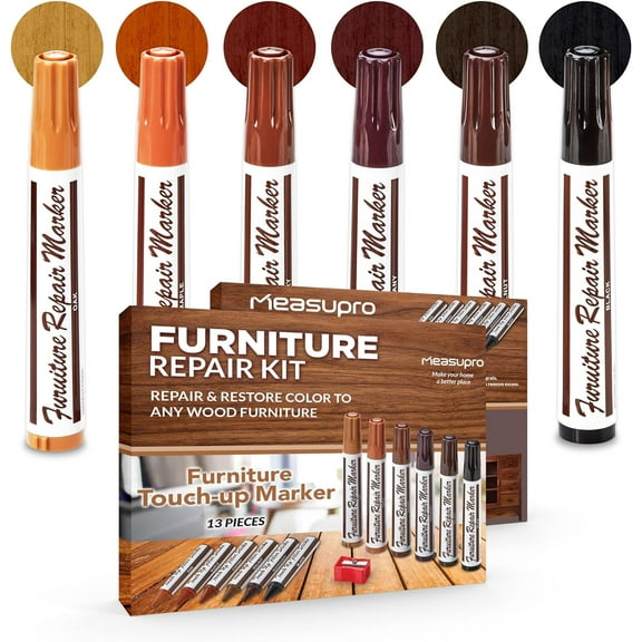 MeasuPro Wood Scratch Repair Kit Markers - Set of 13 - Scratch & Stain Markers, Furniture Repair Pens for Touch-Up on Wood Furniture, Tables, Desks, Bedposts - Carpenter's Essential Toolkit
