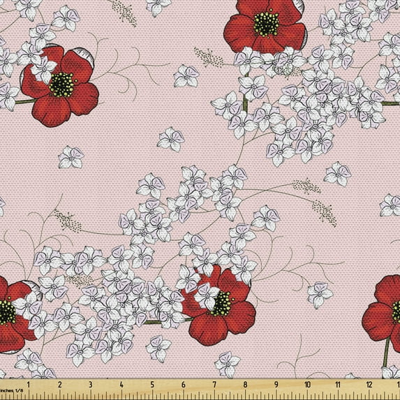 Spring Upholstery Fabric by the Yard, Vintage Chamomile and Poppy Blooms Hawaiian Wildflowers Meadow Pattern, Decorative Fabric for DIY and Home Accents, Pale Rose and Scarlet by Ambesonne