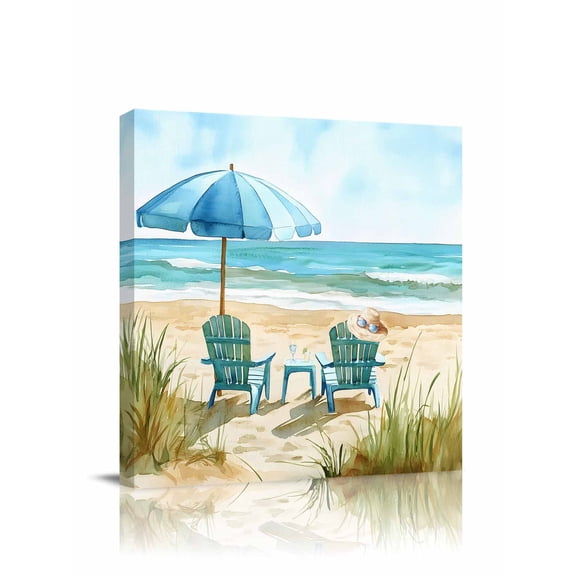 Beach Chair Canvas Wall Art, Summer Ocean Umbrella Vintage Coastal Framed Wall Decor Modern Artwork Prints Painting for Living Room, Bedroom, Kitchen & Cafe Decor 8x8 Inch