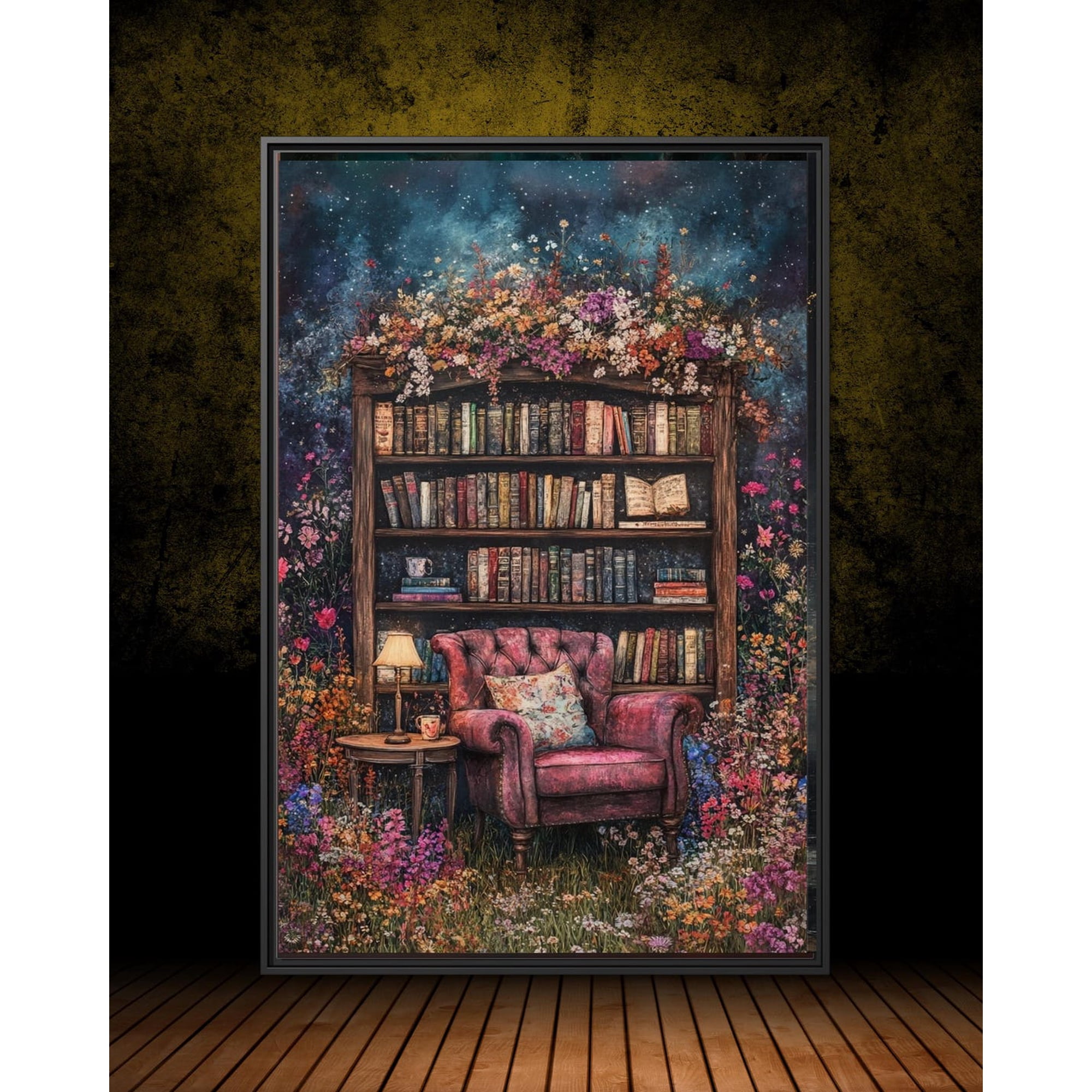 Cozy Bookcase In Garden Floral Chair Poster Whimsical Book Lover Cottagecore Bookworm Reading Nook And Library Decor