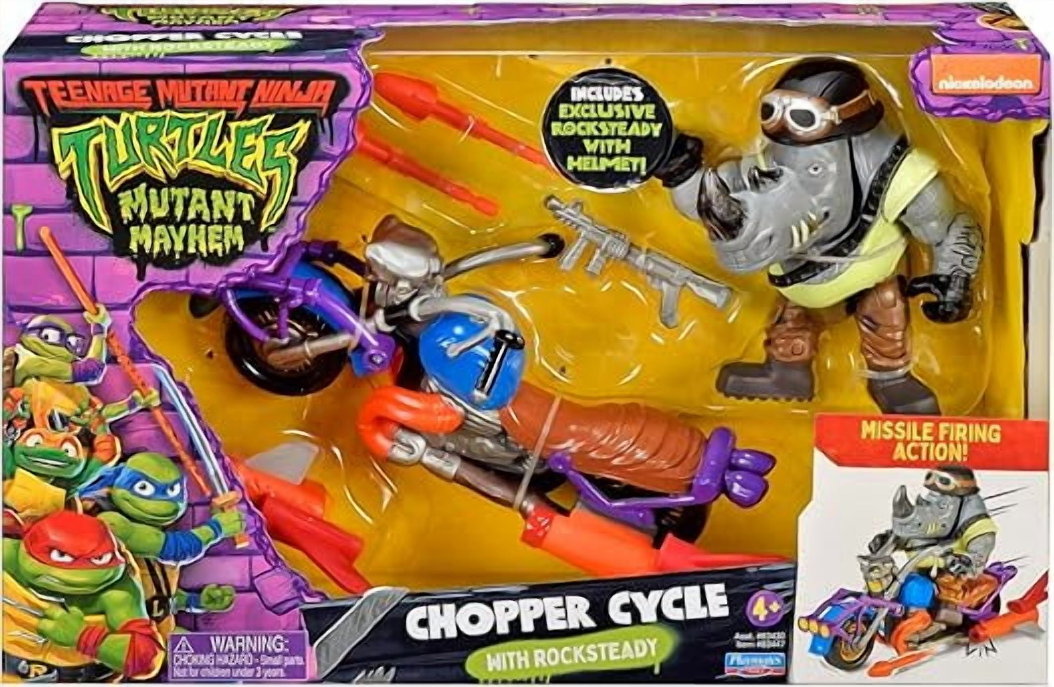 Teenage Mutant Ninja Turtles Mutant Mayhem Chopper Cycle with Rocksteady Vehicle & Action Figure.