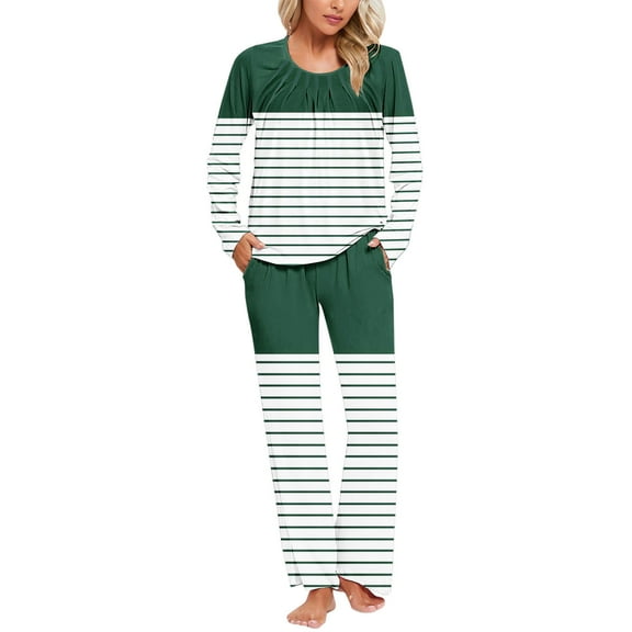 Cavosen Two Piece Lounge Set for Women with Pocket 2 Piece Pajamas Sets Long Pants Long Sleeve Sleepshirts Sleepwear Pleated Striped Nightwear Casual Homewear Fall Winter