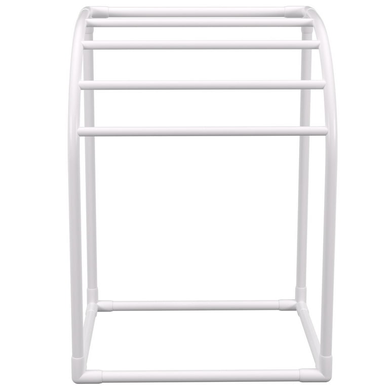 VEVOR Pool Towel Rack 5 Bar White Freestanding Outdoor PVC Curved Poolside Storage Organizer Include 8 Towel Clips Mesh Bag Hook Also Stores