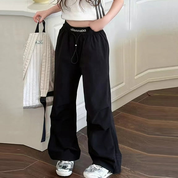 Girl Parachute Pants 7-8 Loose Casual Soft Elastic Waist Cargo Pants Baggy Wide Leg Joggers Pants with Pockets,Black