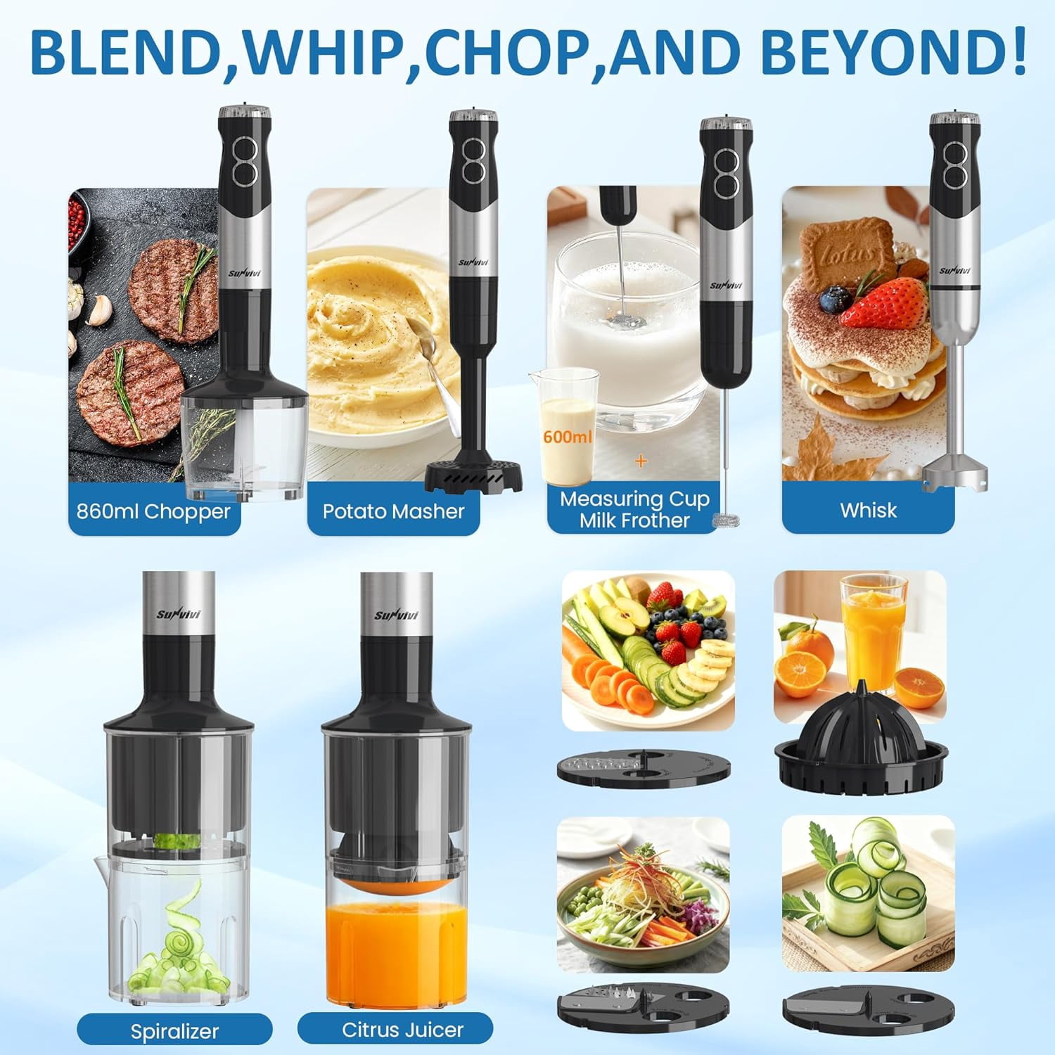 6 in 1 Professional Immersion Blender with 12-Speed & 10 Attachments for Heavy Duty Blending