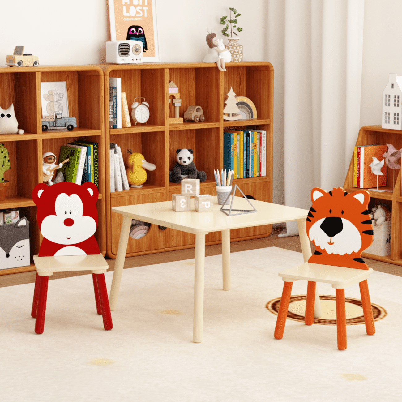 3-Piece Kids Table and 2 Chairs Set, Wooden Activity Play Set with Adorable Animal Prints, Solid Wood+MDF, 23.6" Square Table, Easy Assembly, for Toddlers' Art, Reading and Snack Time