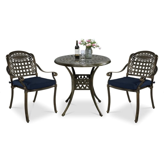 VIVIJASON 3-Piece Aluminum Outdoor Bistro Sets with Cushioned Chairs and Round Table, Bronze/Blue