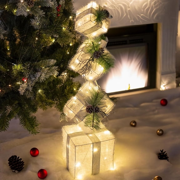 Set of 3 Christmas Lighted Gift Boxes, Pre-lit 60 LED Light Up Present Boxes Ornament Decorations for Indoor Outdoor Xmas Tree Home Yard Lawn Decor (Multicolor)