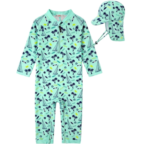 weVSwe Baby Boy Swimsuit Set with Sun Hat, UPF 50  Toddler Rash Guard, Long Sleeve One-Piece with Front and Crotch Zippers, 0-3T
