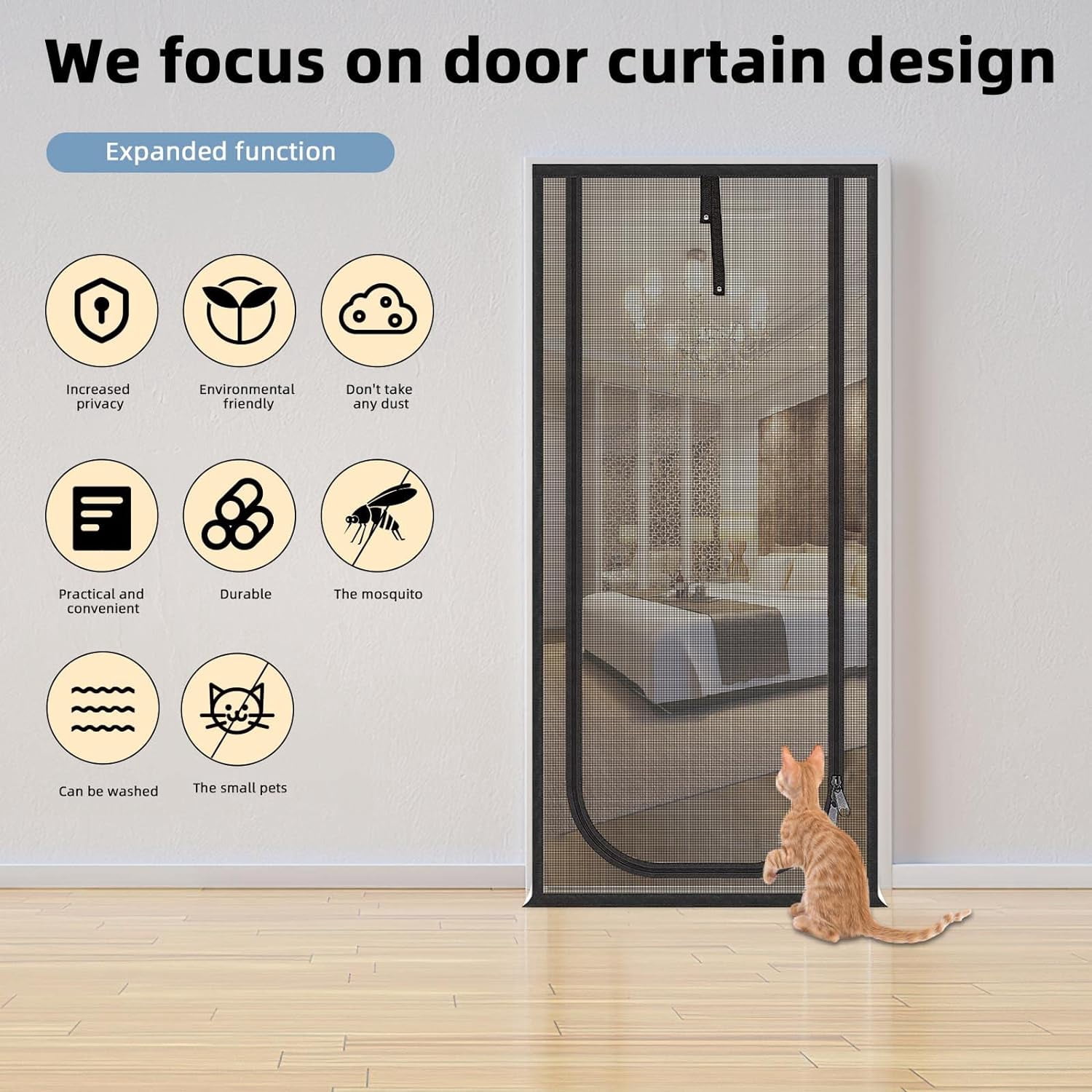 OhhGo Reinforced Cat Screen Door, 31.5X82.6'' Heavy Duty Pets Proof Screen Door with Bilateral Zipper, Prevent Dogs Cats Running Out from Home, Bedroom, Kitchen Patio Door, Black