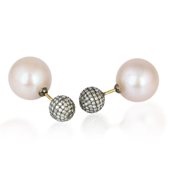 Pearl Pave Diamond 18kt Gold Double Side Earrings 925 Sterling Silver Jewelry