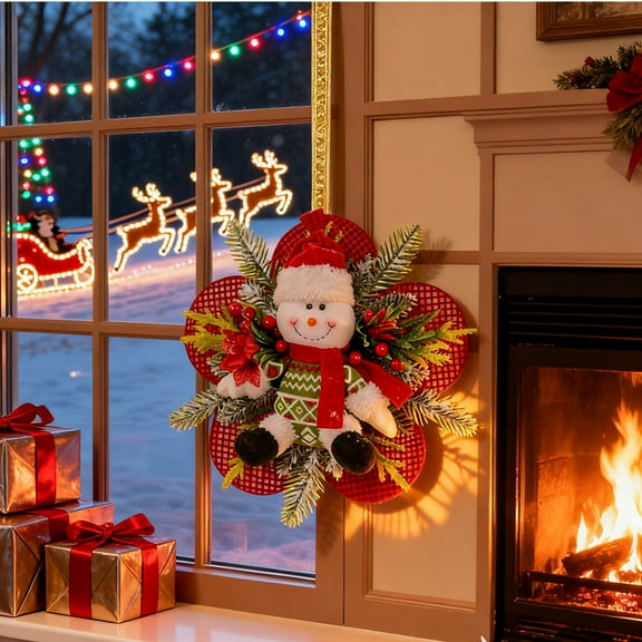 Miommo Christmas Wreath Decoration Hanging Ornament With Santa & Snowman Figures Festive Holiday Door Wall Hanging For Xmas Tree Decor 1x pendant Christmas wreath decoration pendants