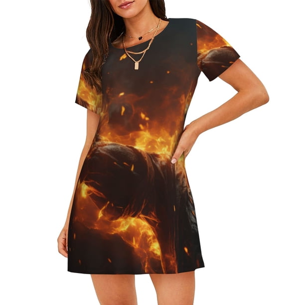 Fotbe Cool Fire Man Bata de Dormir para Mujer con Estampado, Camisón de Algodón de Manga Corta, Ropa de Dormir Casual