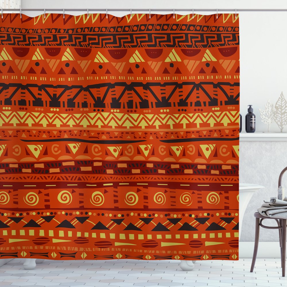 Tribal Shower Curtain, Antique African Folkloric Motifs Geometric Tribal Art Ornaments